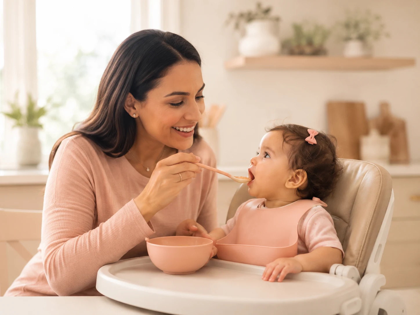 Mãe alimentando bebê no cadeirão com carinho