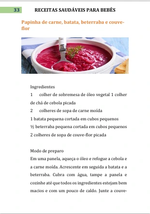 Página real do guia: papinha de carne, batata, beterraba e couve-flor