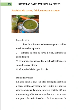 Página real do guia: papinha de carne, fubá, cenoura e couve